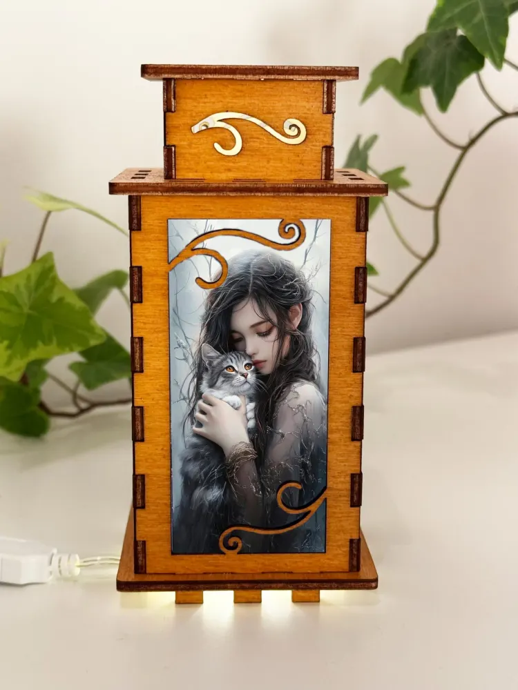 Girl With A Cat Magical Night Lamp Lantern — handmade wooden night lamp in natural timber