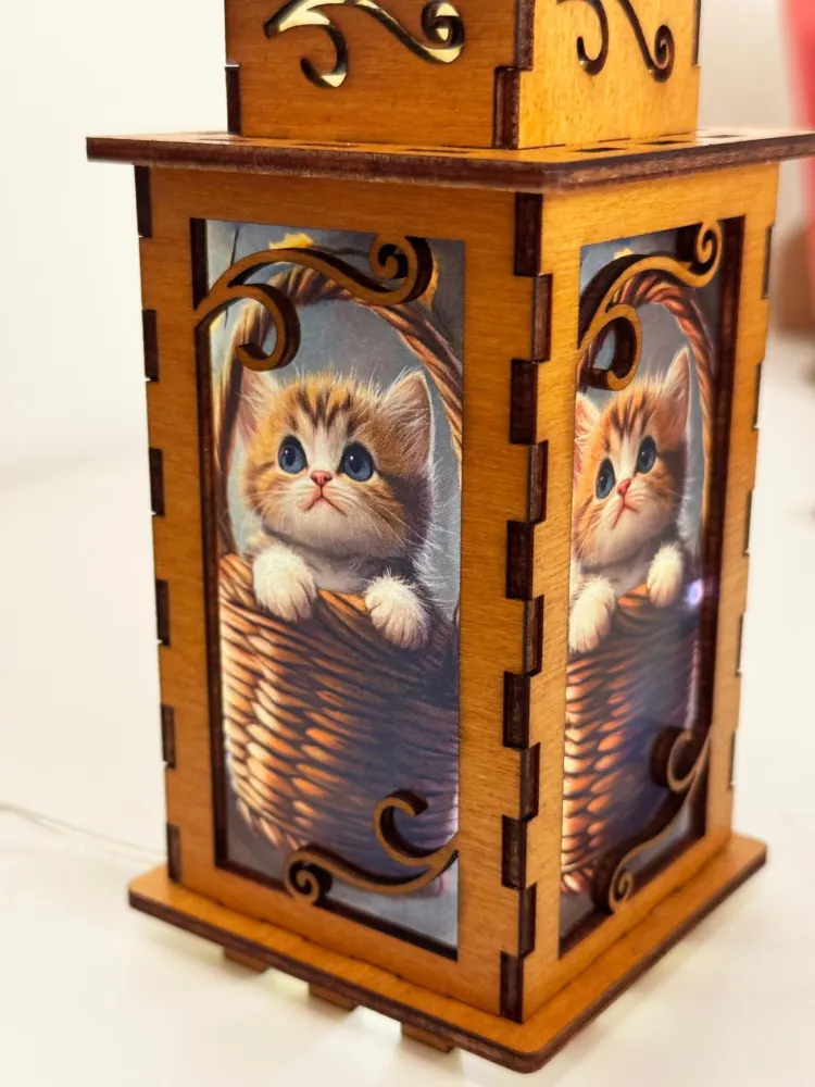 Cat In The Basket Night Lamp Lantern – Cute Kitten Wooden Light