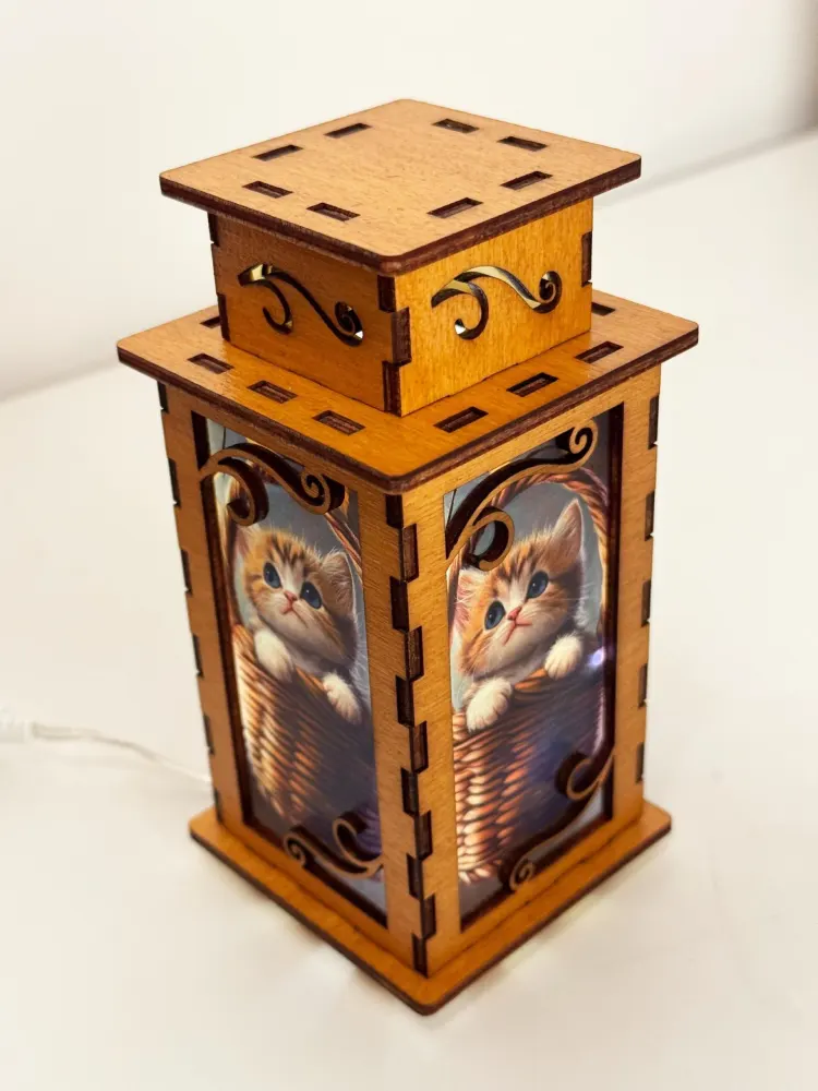Cat In The Basket Night Lamp Lantern – Cute Kitten Wooden Light