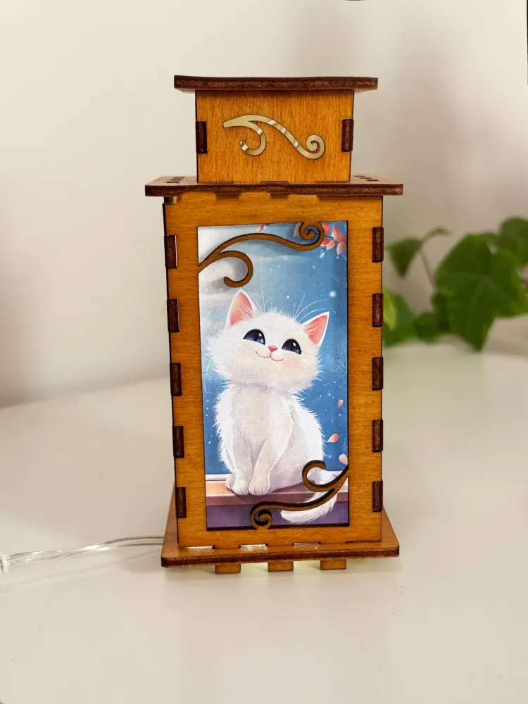 White Cat Night Lamp Lantern – Persian Cat Cute Kitten Wooden Light — handmade wooden night lamp in natural timber