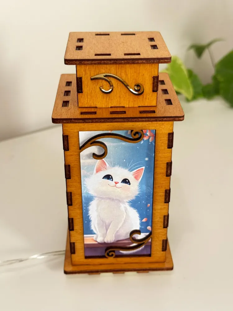 White Cat Night Lamp Lantern – Persian Cat Cute Kitten Wooden Light