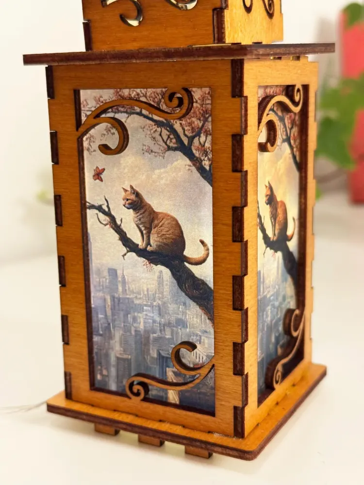 Cat In The City Night Lamp Lantern – Brown Kitten Wooden Light
