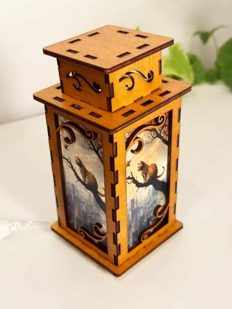Cat In The City Night Lamp Lantern – Brown Kitten Wooden Light