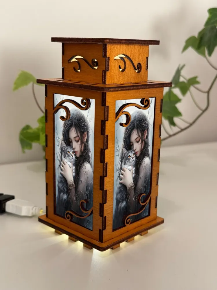Girl With A Cat Magical Night Lamp Lantern