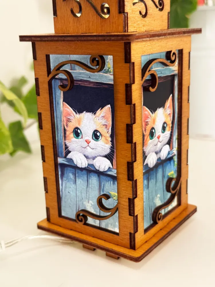 Cat In The Window Night Lamp Lantern – Small Cute Kitten Wooden Light