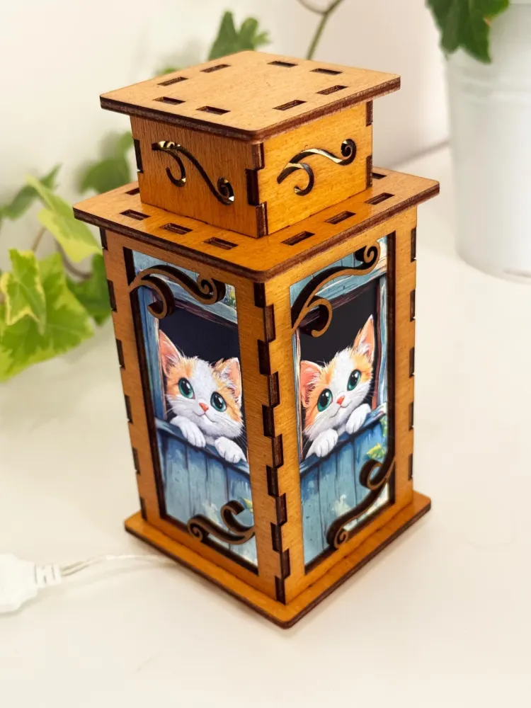 Cat In The Window Night Lamp Lantern – Small Cute Kitten Wooden Light