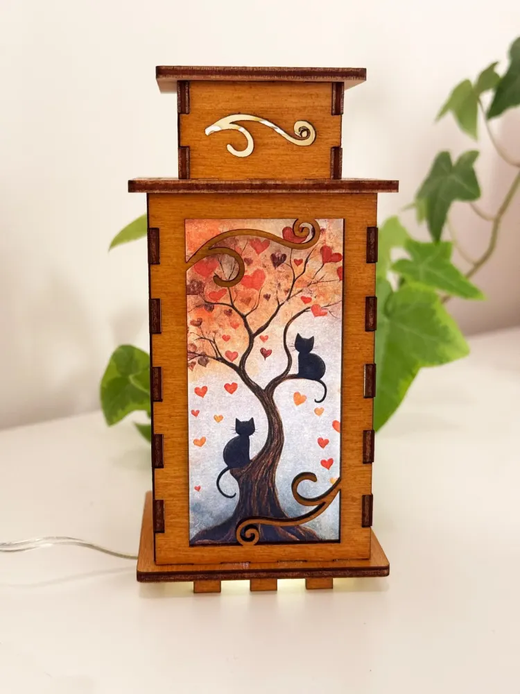 Cats On the Tree In Love Hearts Night Lamp Lantern – Small Cute Kitten Wooden Light