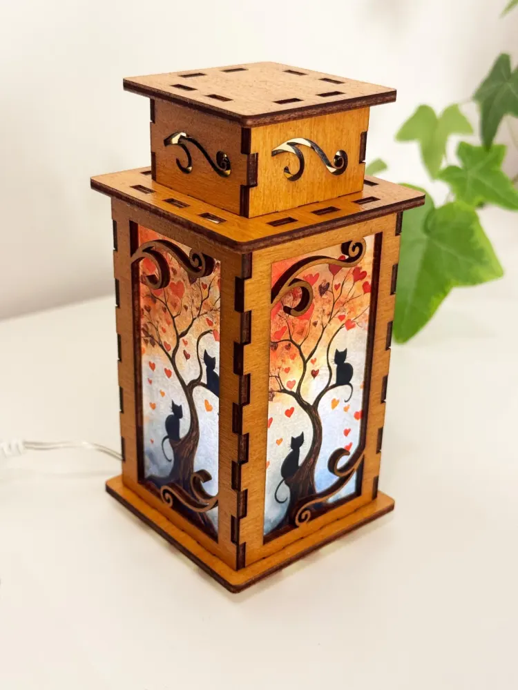 Cats On the Tree In Love Hearts Night Lamp Lantern – Small Cute Kitten Wooden Light
