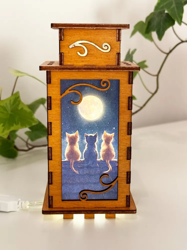 Cats On A Roof Moon Night Lamp-Small Cute Kitten Wooden Lamp
