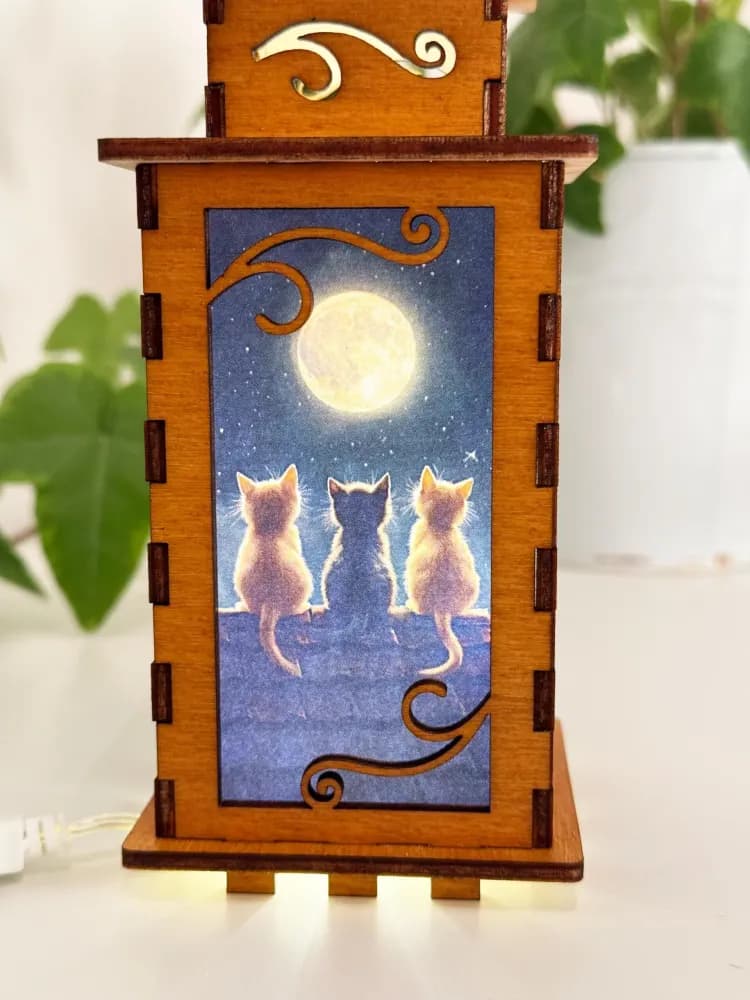Cats On A Roof Moon Night Lamp-Small Cute Kitten Wooden Lamp