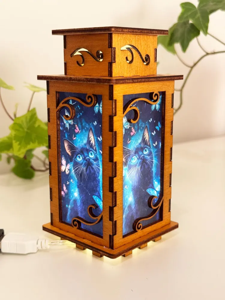 Cat With Butterflies Magical Night Lamp Lantern-Small Kitten Glowing Wooden Lamp — handmade wooden night lamp in natural timber