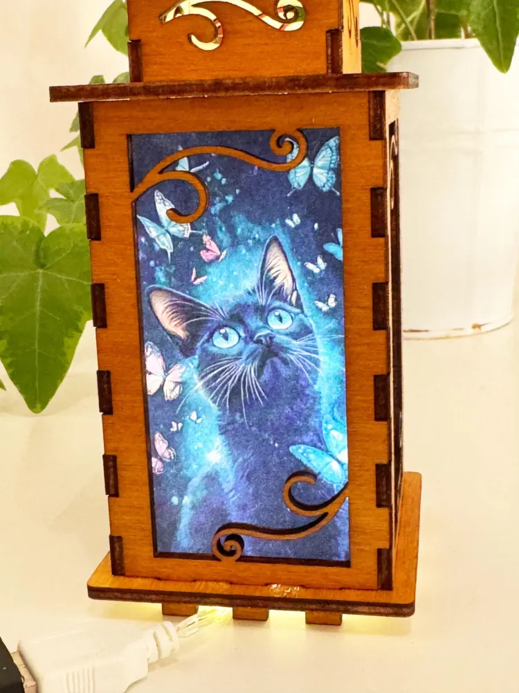 Cat With Butterflies Magical Night Lamp Lantern-Small Kitten Glowing Wooden Lamp
