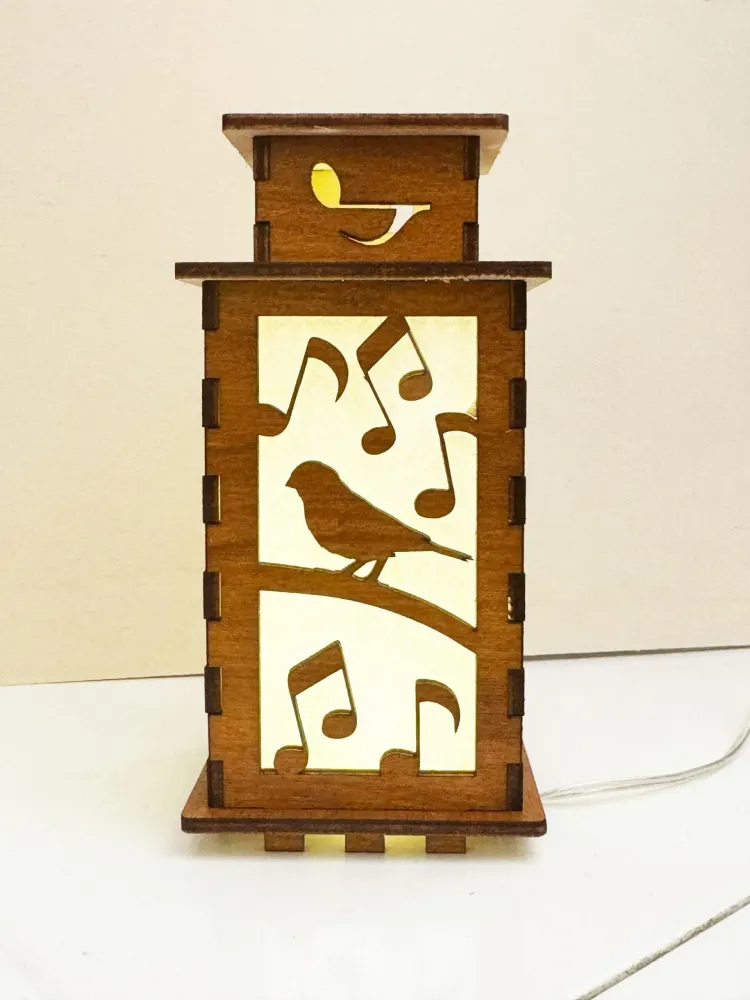 Musical Birds Art Night Lamp Lantern — handmade wooden night lamp in natural timber