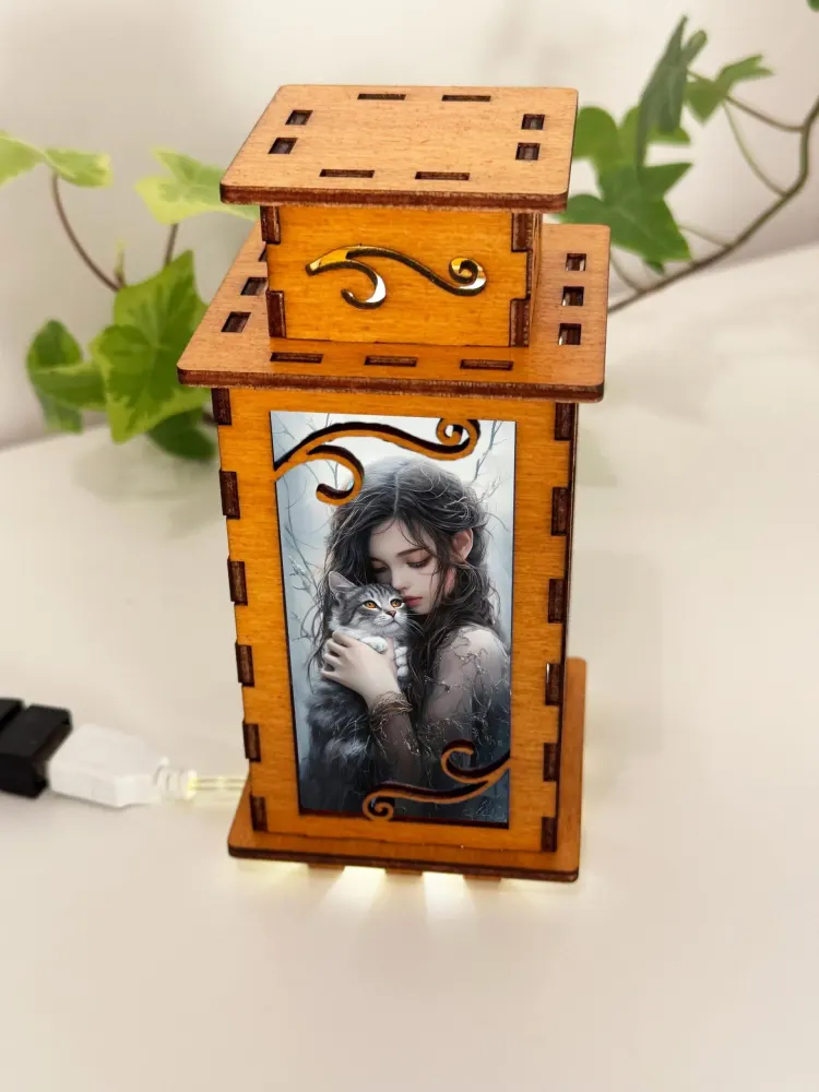 Girl With A Cat Magical Night Lamp Lantern
