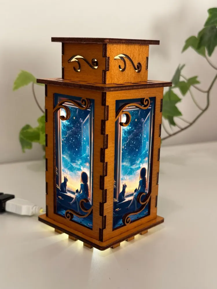 Girl And A Cat Window Night Lamp Lantern — handmade wooden night lamp in natural timber