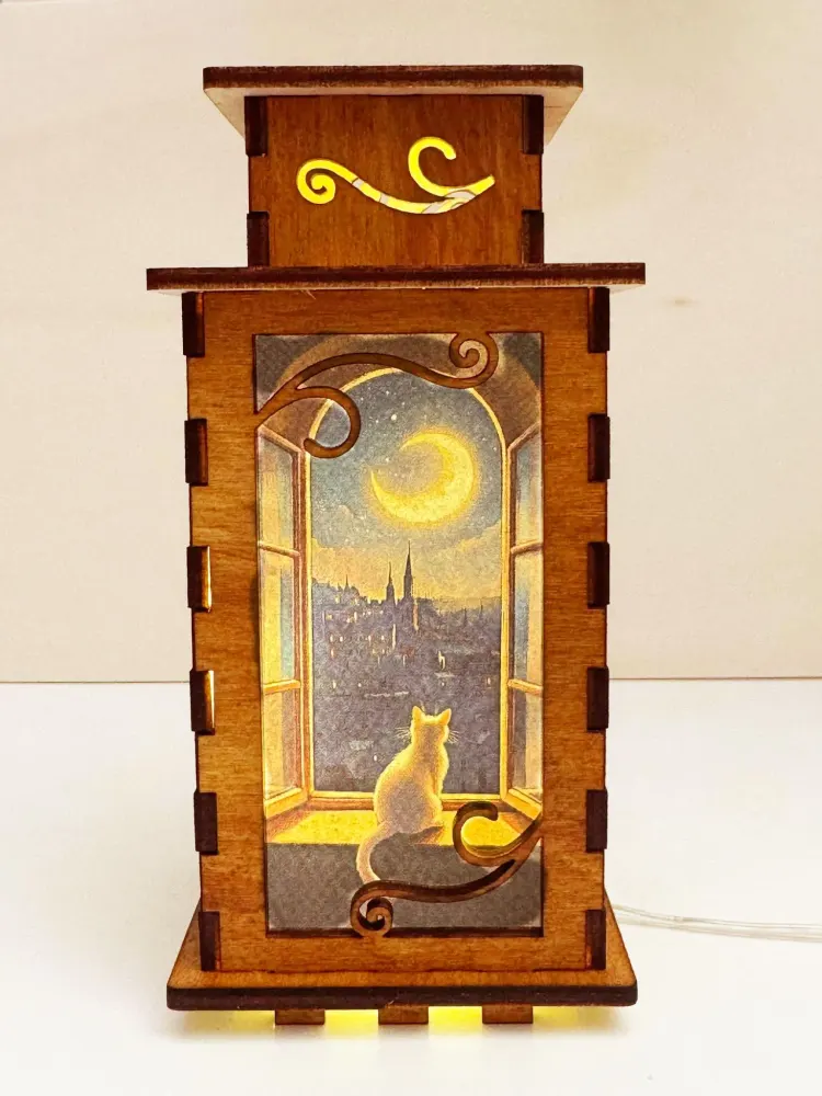 Cat In The Window Moon Night Lamp Lantern – Handmade Wooden USB Lantern