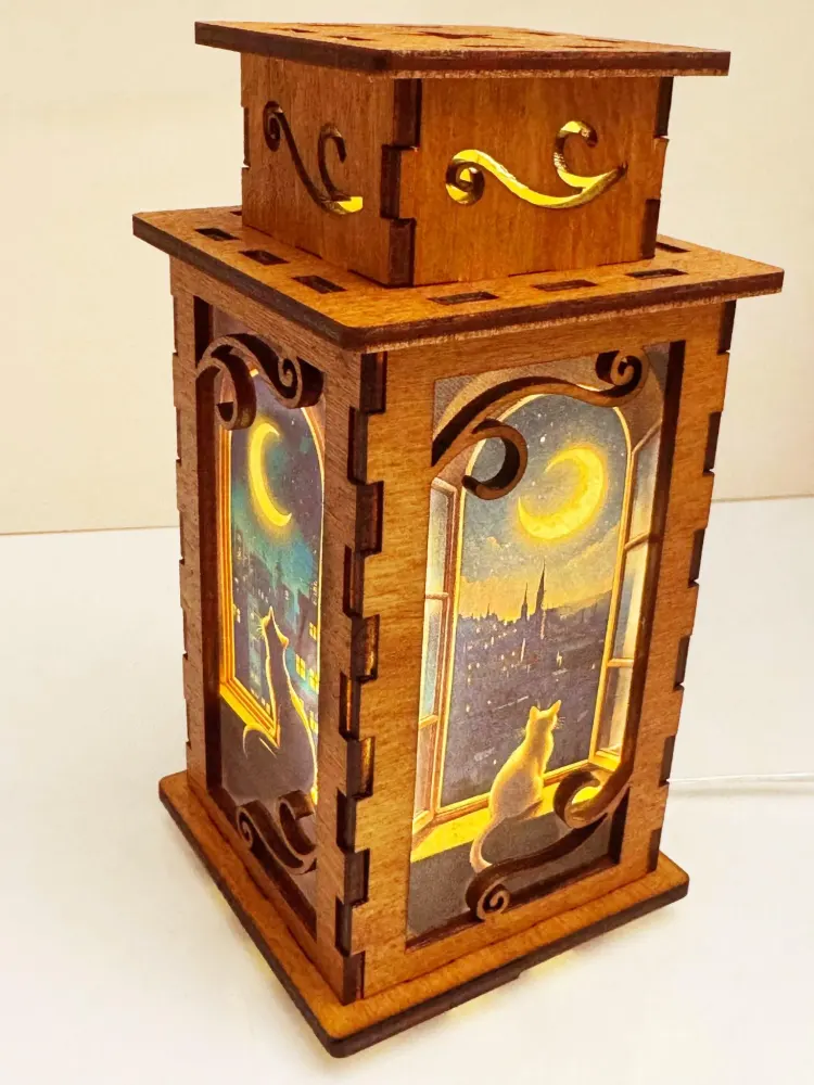 Cat In The Window Moon Night Lamp Lantern – Handmade Wooden USB Lantern