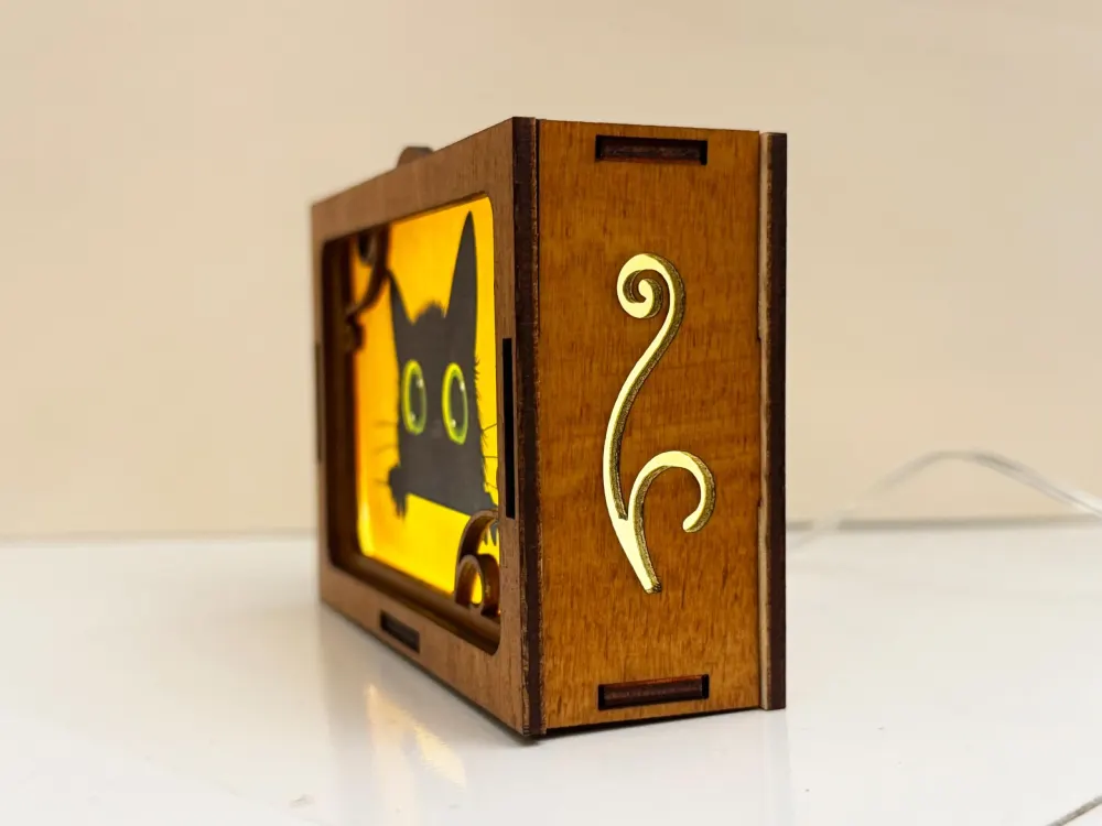 Black Cat Wooden Night Lamp – Handmade Wooden USB Night Light