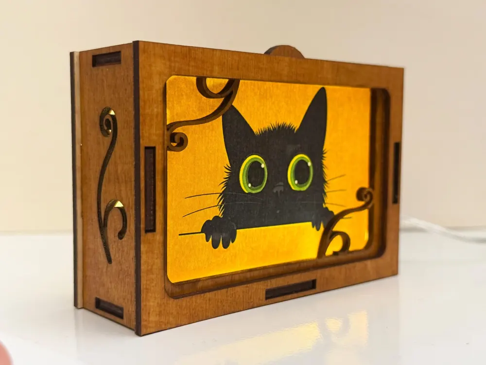 Black Cat Wooden Night Lamp – Handmade Wooden USB Night Light