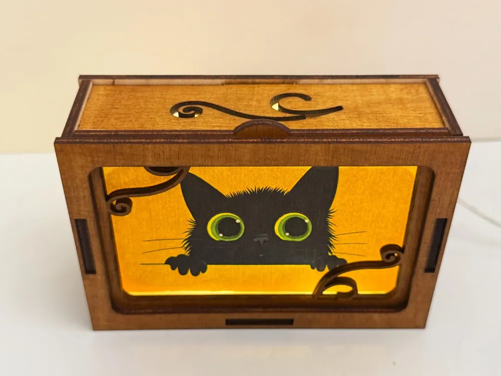 Black Cat Wooden Night Lamp – Handmade Wooden USB Night Light