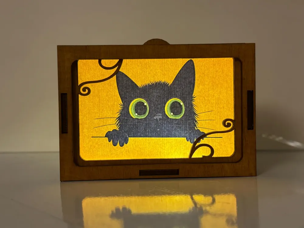 Black Cat Wooden Night Lamp – Handmade Wooden USB Night Light