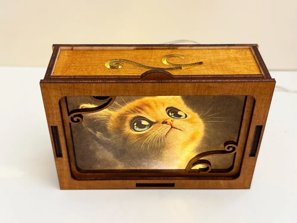 Cute Kitty Wooden Night Lamp – Handmade USB Wooden Cat Eyes Light