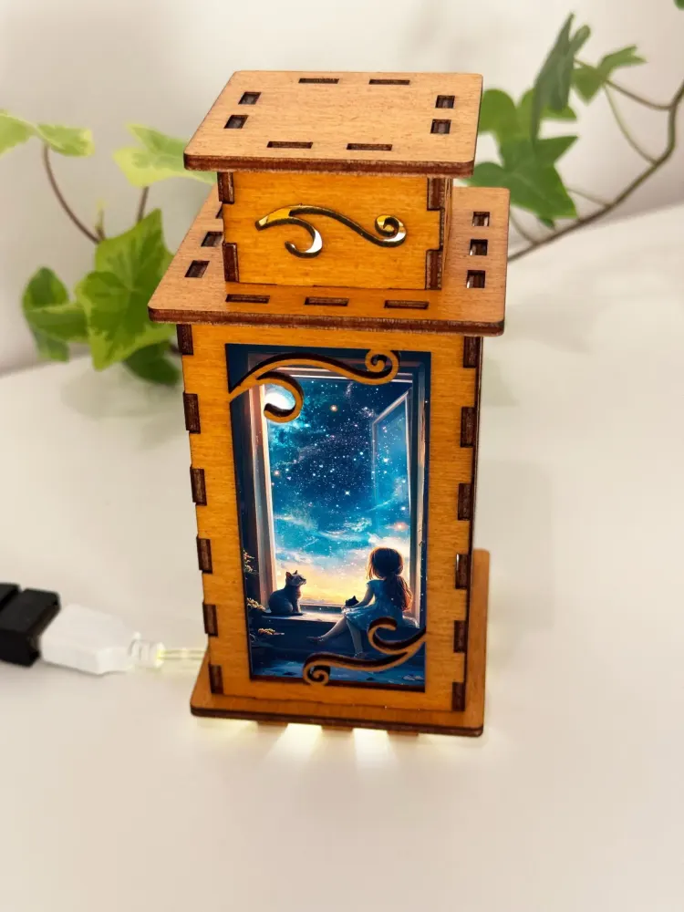 Girl And A Cat Window Night Lamp Lantern
