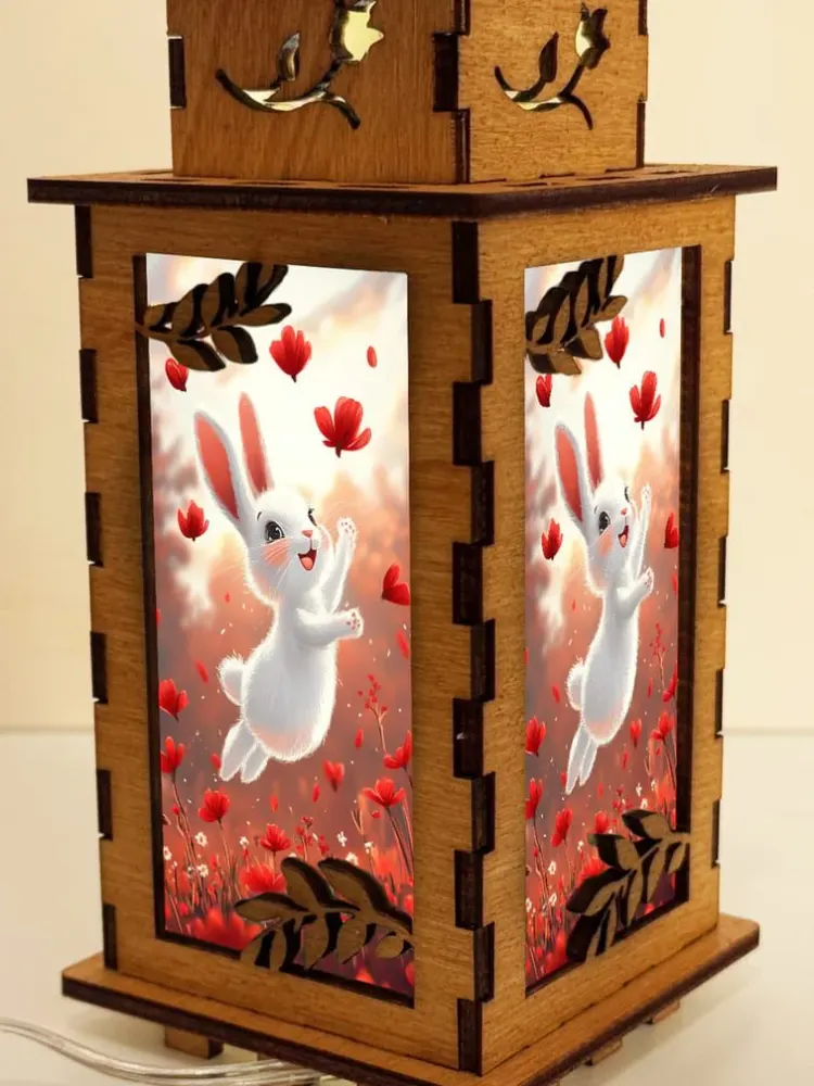 Happy White Bunny Lamp Night Light | Artisan Wooden Night Lamp | Artiviesta London