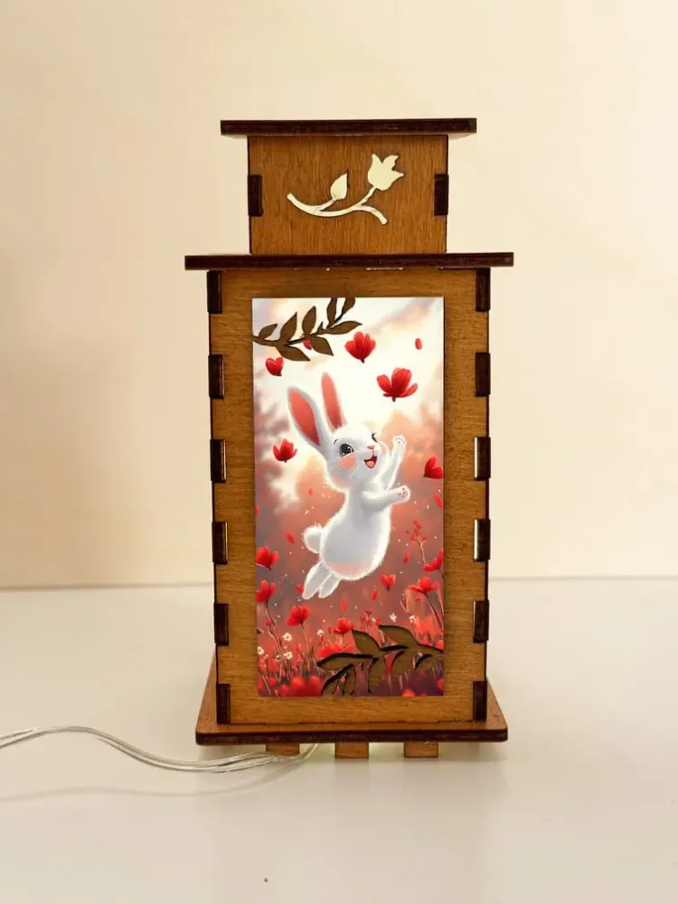Happy White Bunny Lamp Night Light — handmade wooden night lamp in natural timber