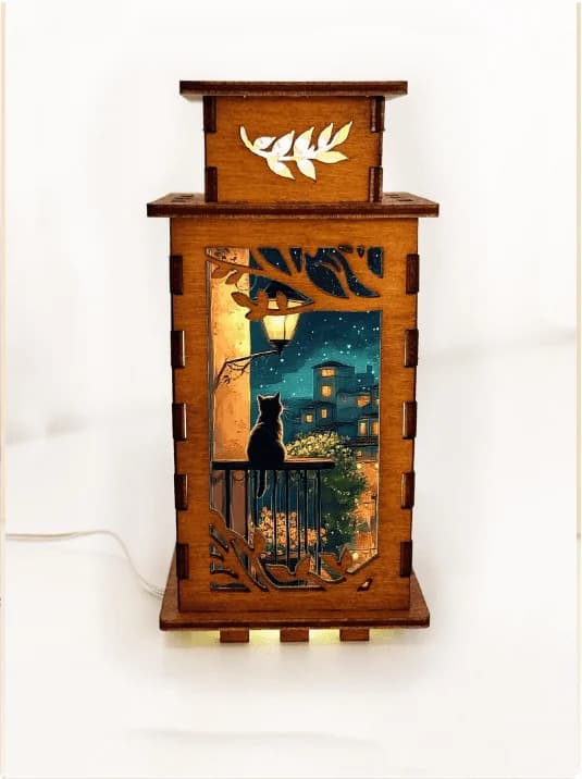 Handcrafted Cat on the Balcony Wooden Night Lamp – USB LED Lantern by Artiviesta