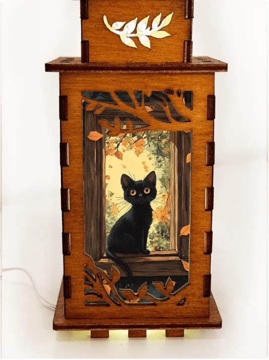 Black Cat In The Window Night Lamp Lantern – Handmade Wooden USB Lantern