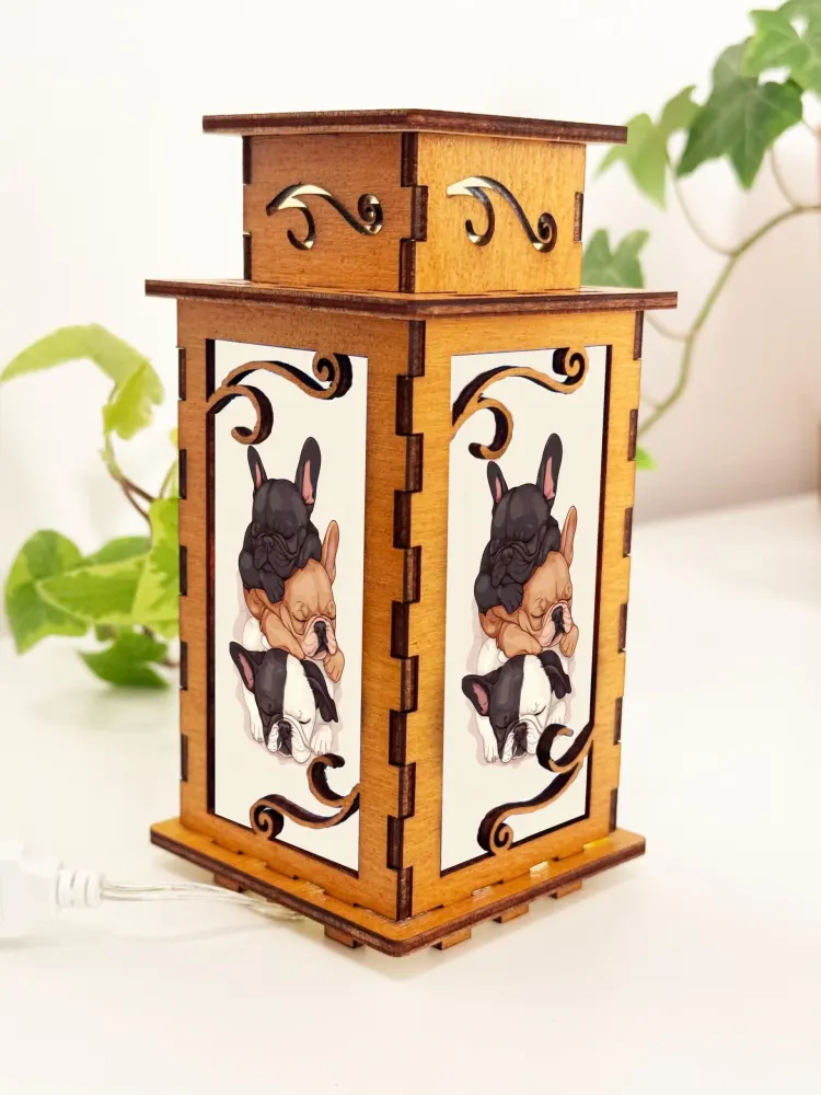 Three French Bulldogs Wooden Night Lamp | Heart Design Dog Light by Artiviesta