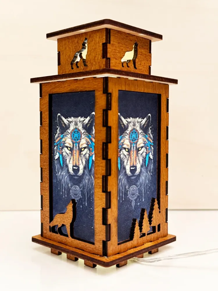 Wolf Native American Tribal Night Lamp Lantern — handmade wooden night lamp in natural timber