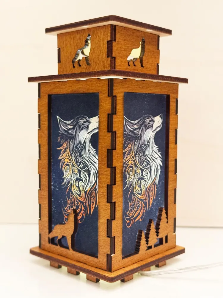Tribal Wolf Fantasy Night Lamp Lantern — handmade wooden night lamp in natural timber