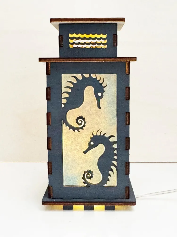 Seahorse Ocean Night Lamp Lantern — handmade wooden night lamp in natural timber