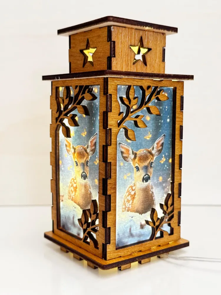 Winter Deer Fawn Forest Night Lamp Lantern — handmade wooden night lamp in natural timber