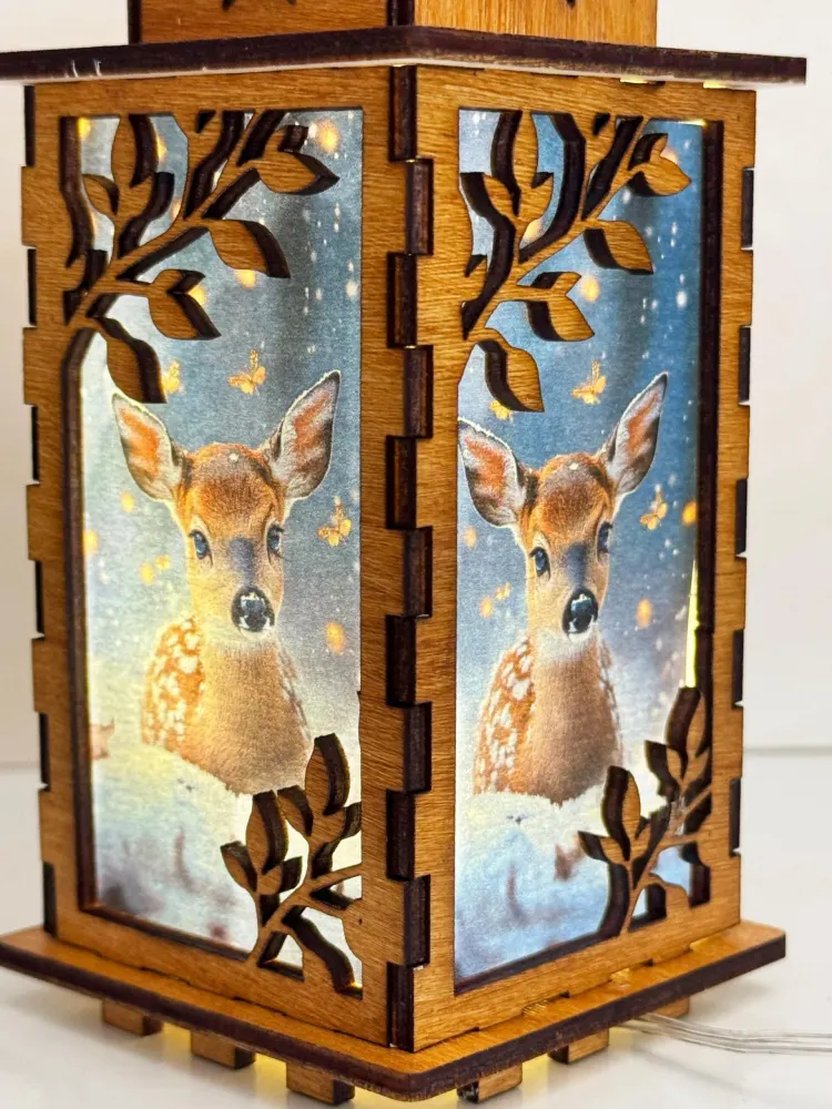 Winter Deer Fawn Forest Night Lamp Lantern | Artisan Wooden Night Lamp | Artiviesta London
