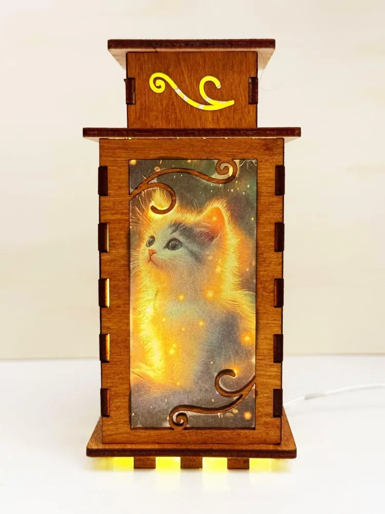 Cute Cat Magical Night Lamp Lantern – Enchanting Wooden Kitten Light