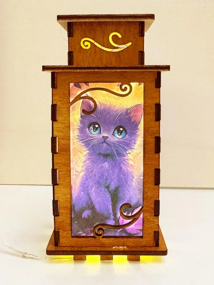 Cute Cat Night Lamp Lantern – Charming Wooden Kitten Light | Artisan Laser-Cut Decor | Artiviesta London