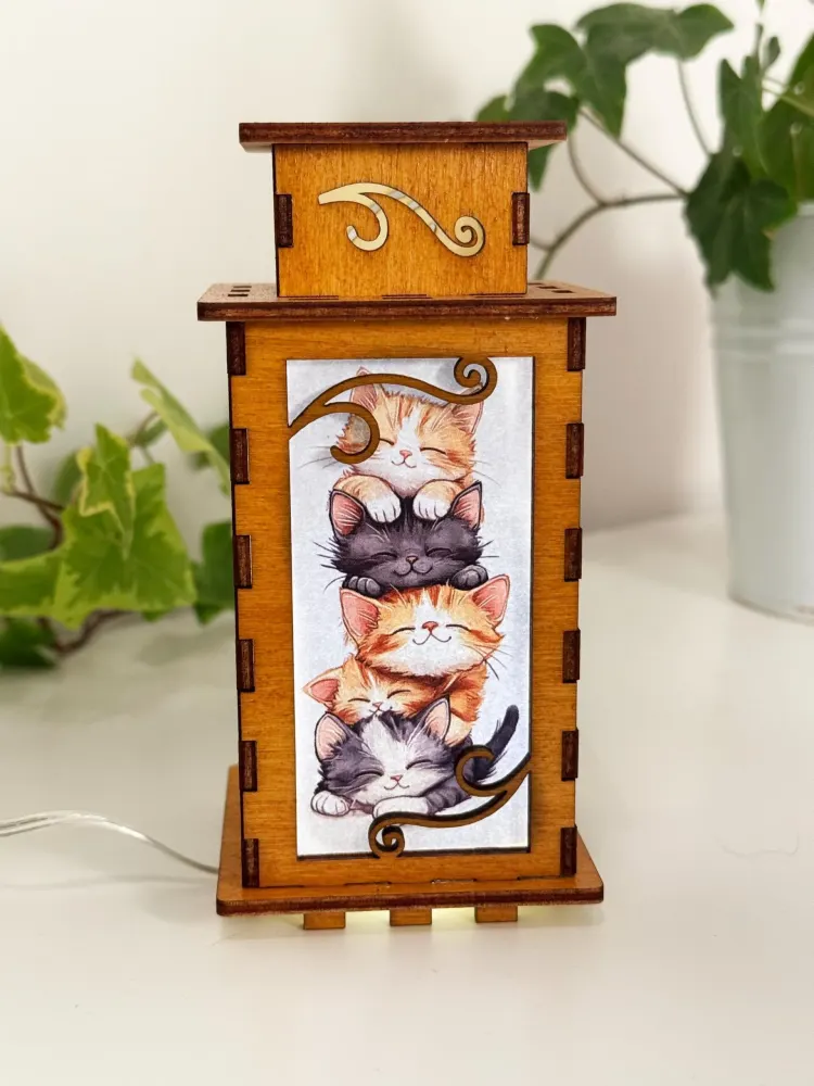 Handcrafted Pile of Cats Wooden Night Lamp – USB LED Lantern by Artiviesta