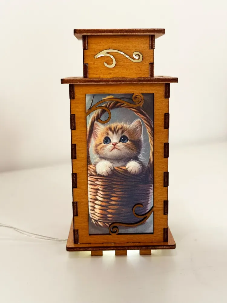 Cat In The Basket Night Lamp Lantern – Cute Kitten Wooden Light