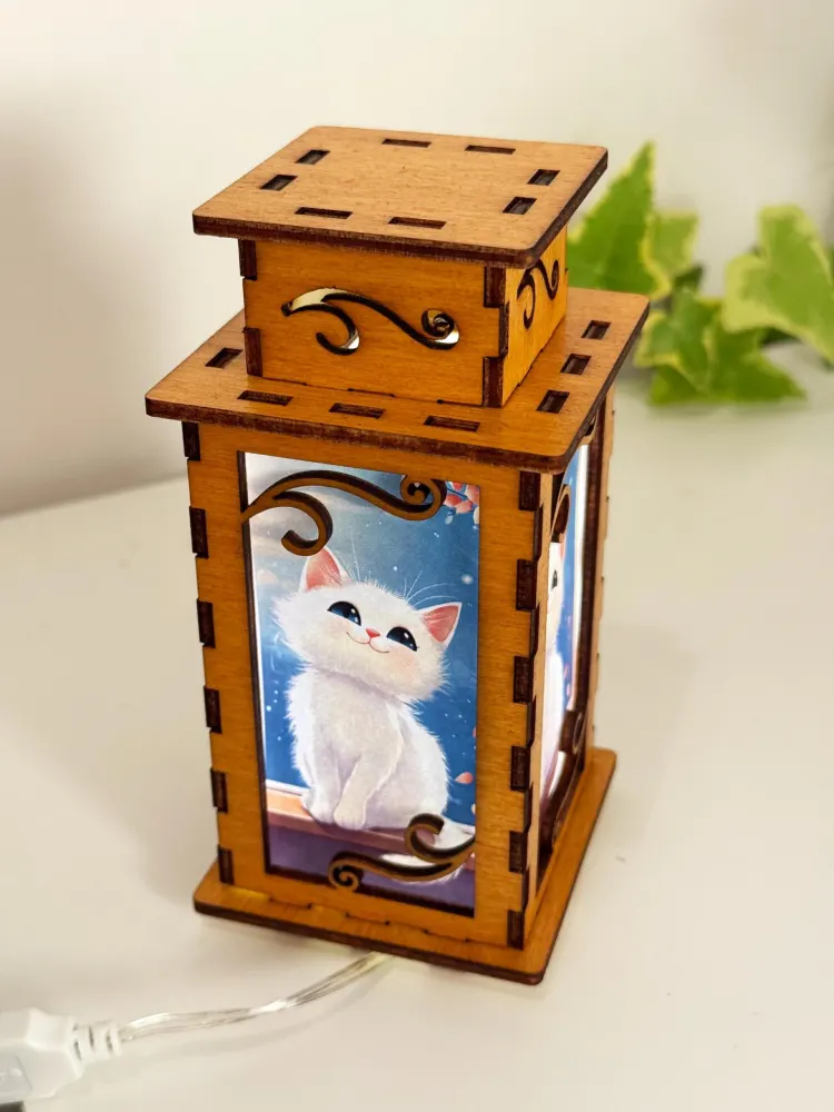 White Cat Night Lamp Lantern – Persian Cat Cute Kitten Wooden Light