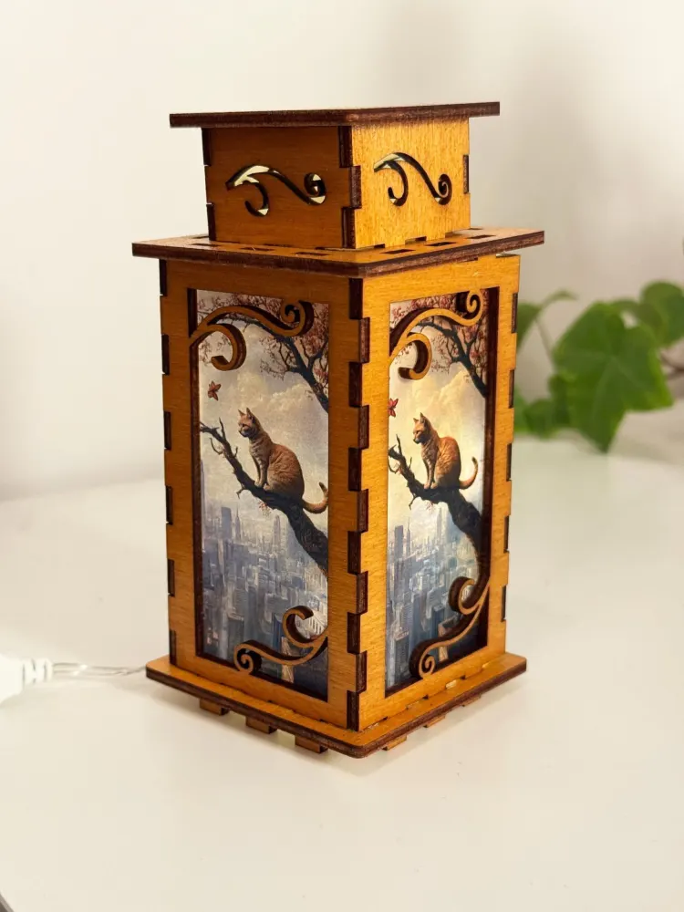 Cat In The City Night Lamp Lantern – Brown Kitten Wooden Light