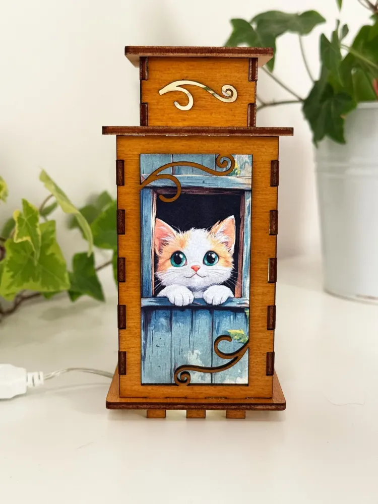 Cat In The Window Night Lamp Lantern – Small Cute Kitten Wooden Light