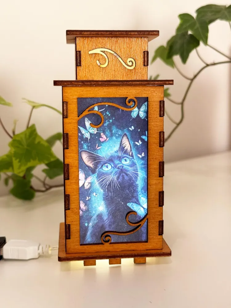 Cat With Butterflies Magical Night Lamp Lantern-Small Kitten Glowing Wooden Lamp