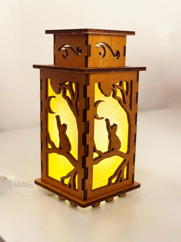 Cat On The Tree Moonlight Night Lamp Lantern-Small Kitten Glowing Wooden Lamp