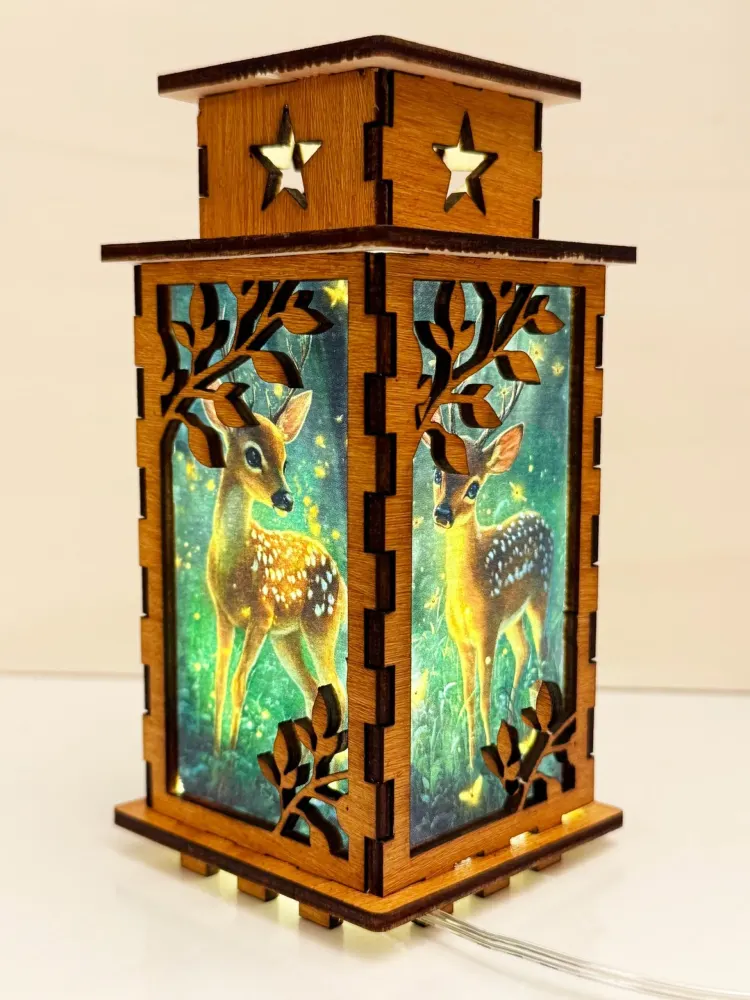 Deer Forest Night Lamp Lantern — handmade wooden night lamp in natural timber