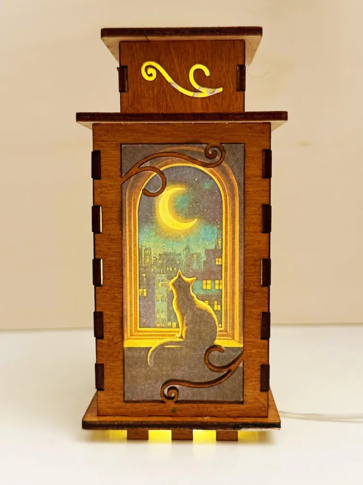 Cat In The Window Moon Night Lamp Lantern – Handmade Wooden USB Lantern