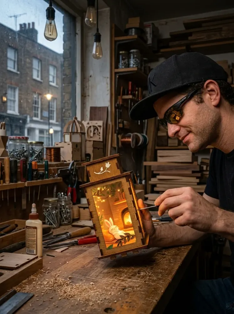Marko Miholić inspecting a laser-cut wooden lamp in his London studio